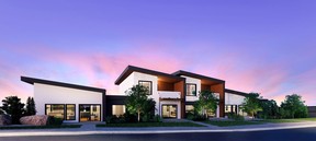 An artist's rendering shows the exterior of Duo Luxury Townhomes, a new 20-unit townhome project in Parksville on Vancouver Island by Hirst Avenue Townhouses Sitefinders.