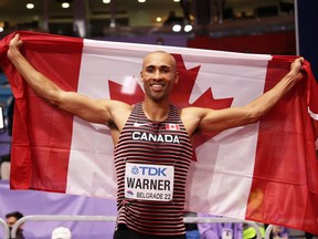 Canadian gold medallist Damian Warner celebrates his heptathlon triumph at the World Athletics Indoor Championships in Belgrade, Serbia, in March. ‘I want to show that Canada deserves to be at the top of the podium,’ says Warner.
