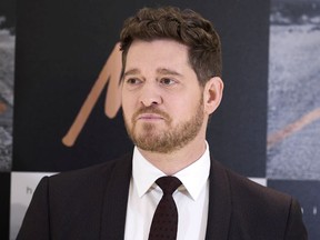 MADRID, SPAIN - MARCH 29: Singer Michael Buble presents 'Higher' new album at the Melia Fenix Hotel on March 29, 2022 in Madrid, Spain.