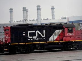 FILE PHOTO: Trains are seen in the yard at the CN Rail Brampton Intermodal Terminal after Teamsters Canada union workers and Canadian National Railway Co. failed to resolve contract issues, in Brampton, Ontario, Canada November 19, 2019.