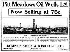 Ad for stock in Pitt Meadows Oil Wells in the July 1, 1914 Vancouver Sun. There was a flurry of newspaper ads for the company in he summer of 1914, but no oil ever seems to have been found.