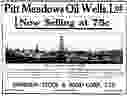 Ad for stock in Pitt Meadows Oil Wells in the July 1, 1914 Vancouver Sun. There was a flurry of newspaper ads for the company in he summer of 1914, but no oil ever seems to have been found. 