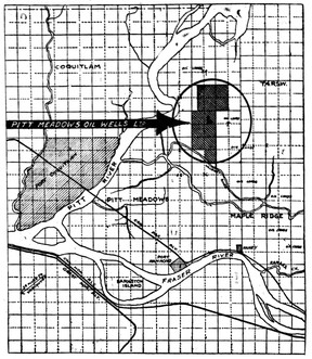 Detail from an advertisement for shares in Pitt Meadows Oil Wells in the Vancouver Sun of June 8, 1914, showing where the drilling sites were.