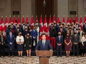 Prime Minister Justin Trudeau speaks during a press conference with members of his new cabinet in Ottawa, Oct. 26, 2021.
