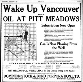 The first announcement of shares in Pitt Meadows Oil Wells in the Vancouver Sun of June 8, 1914.