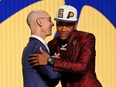 Montreal’s Bennedict Mathurin is greeted by NBA commissioner Adam Silver (left) after being selected as the sixth overall pick by the Indiana Pacers at the 2022 NBA Draft in Brooklyn, N.Y., on Thursday.