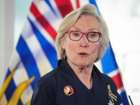 Carolyn Bennett speaks during a news conference, in Vancouver, on Tuesday, May 31, 2022. The minister of mental health and addictions, says the federal government's decision on British Columbia's drug decriminalization threshold was based on police input.