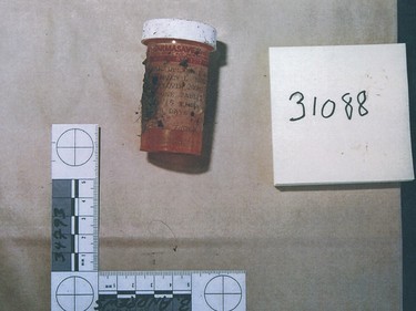 Pill bottle found in a debris pile outside Pickton's slaughterhouse. It was prescribed to Nancy Plasman, a friend who at one time lived with Pickton.