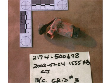 An inhaler is one of many things that were dug out of the ground when Pickton's farm was excavated by police. Photos introduced as evidence in the trial of Robert Pickton. Handout.