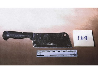 A black-handled meat cleaver found inside a backpack, which contained several items linked by DNA to Pickton's friend Dinah Taylor. Pickton's brother Dave gave the backpack to police. Photos introduced as evidence in the trial of Robert Pickton.
