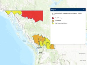 The latest flood warning and advisory notification for B.C. Areas in yellow are under a high streamflow advisory, areas in orange are under a flood watch and areas in red are under a flood warning.