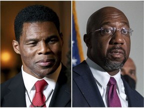 This combination of two separate photos shows Herschel Walker in Atlanta, May 24, 2022, left, and Sen. Raphael Warnock, D-Ga., in Washington, Jan. 18, 2022, right. Walker will represent the Republican Party in its efforts to unseat Warnock in the November 2022 election.