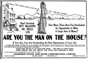 Stock announcement in Pitt Meadows Oil Wells June 20, 1914 Vancouver Sun.