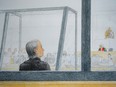 In this courtroom sketch, Aydin Coban is pictured at B.C. Supreme Court, in New Westminster, on Monday, June 6, 2022. The Dutch man, who is accused of extorting and harassing Port Coquitlam teenager Amanda Todd before she died in 2012, has pleaded not guilty to five criminal charges.