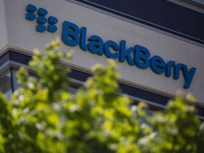 The BlackBerry logo located in the front of the company's B building in Waterloo, Ont. on Tuesday, May 29, 2018.