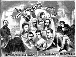 Illustration on the Mordaunt divorce case from the March 5, 1870 Illustrated Police News in London, England. The Prince of Wales (later King Edward VII) was implicated in the scandal and testified at the trial.