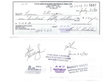 One of two cheques signed by Robert Pickton, made out to Lynn Ellingsen, a key crown witness.