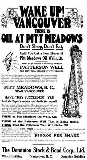 Stock announcement in Pitt Meadows Oil Wells June 11, 1914 Vancouver Sun.