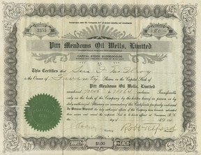 Pitt Meadows Oil Wells Limited stock certificate, circa 1914. Shares were $1 and this certificate is for 20 shares.  It was delivered to Sara L. McIlroy and signed by the company's president, Robert Telford, and a secretary whose name is undecipherable.  From the Maureen Todd Collection.