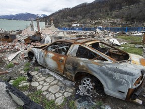 A burned-out car in the devastated town of Lytton following a wildfire that destroyed most of the buildings in June 2021.