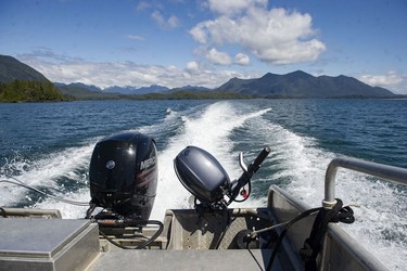 Boat heading across Clayoquot Sound to Cedar Coast Field Station on Vargas Island near Tofino, B.C., offers researchers, students and others the opportunity to live off-grid.