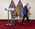 B.C. Premier John Horgan leaves a press conference where he announced that he will not be seeking re-election and that he is stepping down as party leader pending a leadership race. 