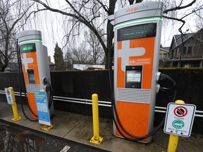 Charging stations for electric vehicles at City Hall in Vancouver BC., on March 14, 2022.