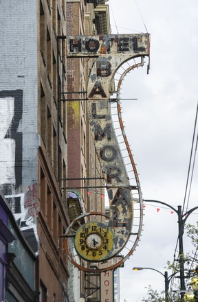 The Balmoral Hotel sign on East Hastings street in Vancouver in March.