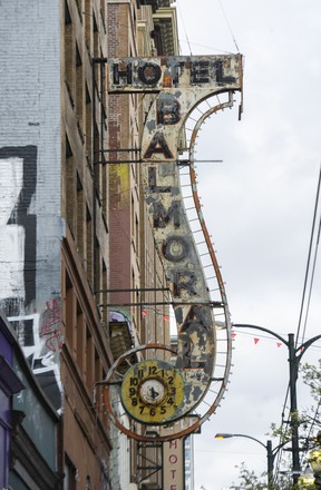 The Balmoral Hotel sign on East Hastings Street in Vancouver in March.