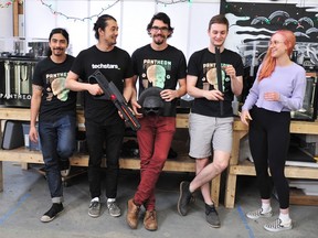 Alex Wiecke, Bob Cao, Logan Nimmo, Riley Gunn and Julia Champion (l-r) are seen here at Pantheon Design’s East Vancouver workspace. The company has developed their own high speed 3D printer and have interest for it from around the globe.