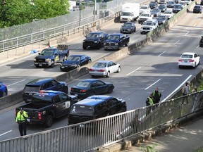 Save Old Growth protesters block the northbound lane of the Ironworkers Memorial Bridge on June 13, 2022.