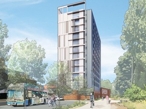 View South along Arbutus Greenway from 8th Avenue. Rendering of 2086-2098 W 7th Ave and 2091 W 8th Ave – rezoning application. Rendering from City of Vancouver rezoning application.