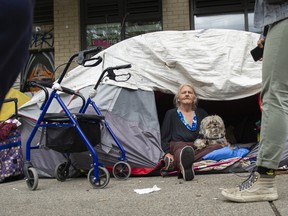 Fay Burns and her dog Mr. Boo sit inside their latest tent, on the East Hastings Street sidewalk between Columbia and Carroll in Vancouver.