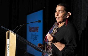 Indigenous artist Deborah Sparrow delivers remarks after the federal government announced an investment of over $29.3 million in funding for the new Chan Center for Visual Arts Vancouver, June 27, 2022.