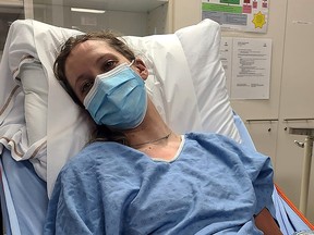 Handout photo of Bianca Hayes after an accident with a motorcyclist in Quebec on June 26. The North Vancouver cyclist tried to set a women’s Guinness World Record for fastest Trans-Canada ride in support of ovarian cancer research. Her ride was cut short due to the accident.
