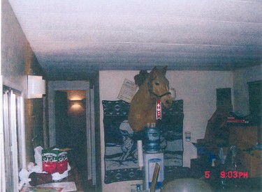 A photo entered in to evidence in the murder trial of Robert William Pickton in Port Coquitlam: Pickton's cluttered office room, and prominently on the wall is the stuffed head of his pet horse Goldie.
