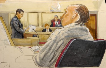 Court sketch shows Robert Pickton listening to evidence at his trial.