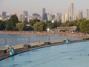 Kitsilano Beach and Kitsilano Pool during a heatwave in Vancouver, British Columbia, Canada, on Monday, June 28, 2021.