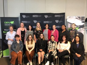 Participants in the Women in Film & Television Vancouver’s emerging TV producer program are (back row, left to right): Jessica Bradford, Deborah Osborne, Raeanne Boon, Emslie Attisha, Jessica To, Maritama Carlson, Sabrina Roc, Marie Picard. In the front row, left to right: Andrea Routley, Rachelle Younie, Nic Altobelli, Ana Carrizales, Leah Flagg and program director Ana de Lara.