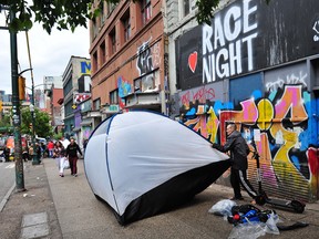 Outside The Regent Hotel on East Hastings Street as 60 tents are pitched on the sidewalks for two blocks in Vancouver on July 6.