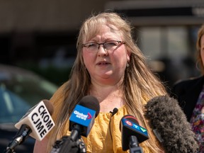 April McIvor, mother of Morgan Buyaki, speaks in a media event which calls on the provincial government to cover the cost of her daughter’s potentially life-saving medication in Saskatoon, Sask. on Friday, July 15, 2022.