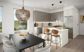 The size of kitchens at Chroma in Port Moody varies, but quartz countertops, under-cabinet lighting and pullout under-cabinet pantries are a feature in all kitchens.