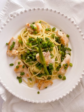 Creamy Garlic Scapes with Chicken and Spaghetti.