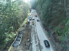 A view from above of repairs underway on the Malahat Highway on Nov. 17, 2021.