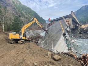 Destroyed Jessica Bridge on the Coquihalla. Repairs need to include upgrades to handle bigger water flows, B.C. says