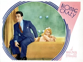 Lobbycard for the 1931 film Blonde Crazy, with James Cagney and Joan Blondell.  The film was made before the Hays Code came into effect in 1934, which cracked down on suggestive scenes like this one.  LMPC photo, via Getty Images.