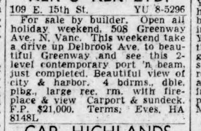 Ad for a Bob Lewis' house at 508 Greenway in North Vancouver on June 30, 1960, showing the home's original price — $21,000.