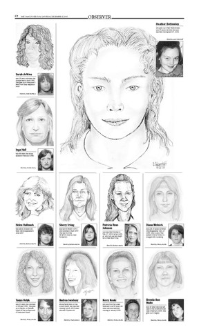Sketches of Sarah de Vries, Heather Bottomley, Inga Hall, Helen Hallmark, Sherry Irving, Patricia Rose Johnson, Diana Melnick, Tanya Holyk, Andrea Joesbury, Kerry Koski, and Brenda AnnWolfe by artists Todd Matthews, Lynn Cedarstaff, Natalie Murry, Barbara Martin, Wesley Neville, and Chuck Jackson