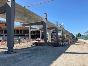 Crews have finished installing vertical columns for the new Capstan station on the Canada Line, and full service is restored.