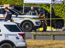 Two people were killed and one suffered life-threatening injuries in a shooting at South Surrey Athletic Park on 20th Street on Saturday.